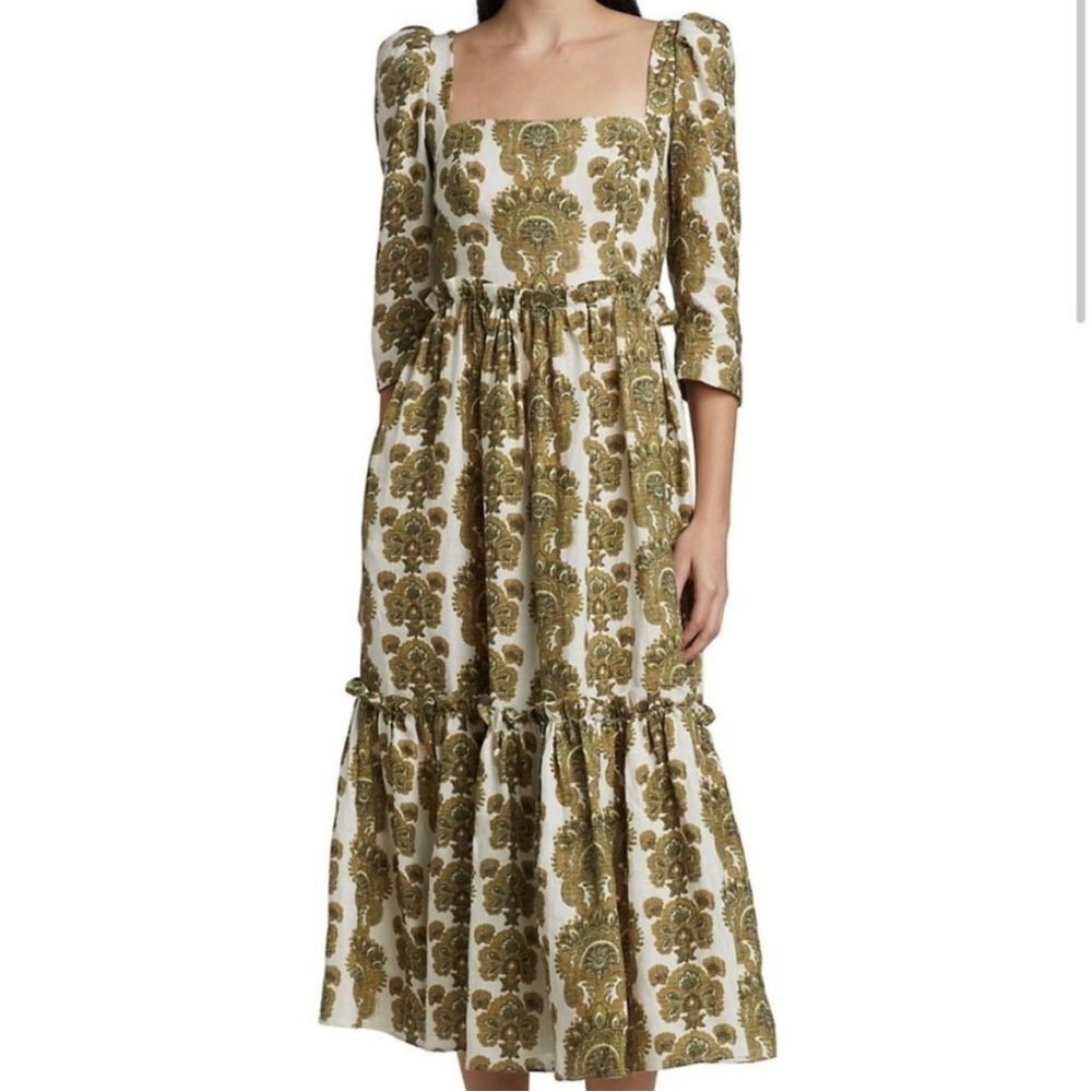 Cara Cara Blue Hill Dress - Linen Green Paisley